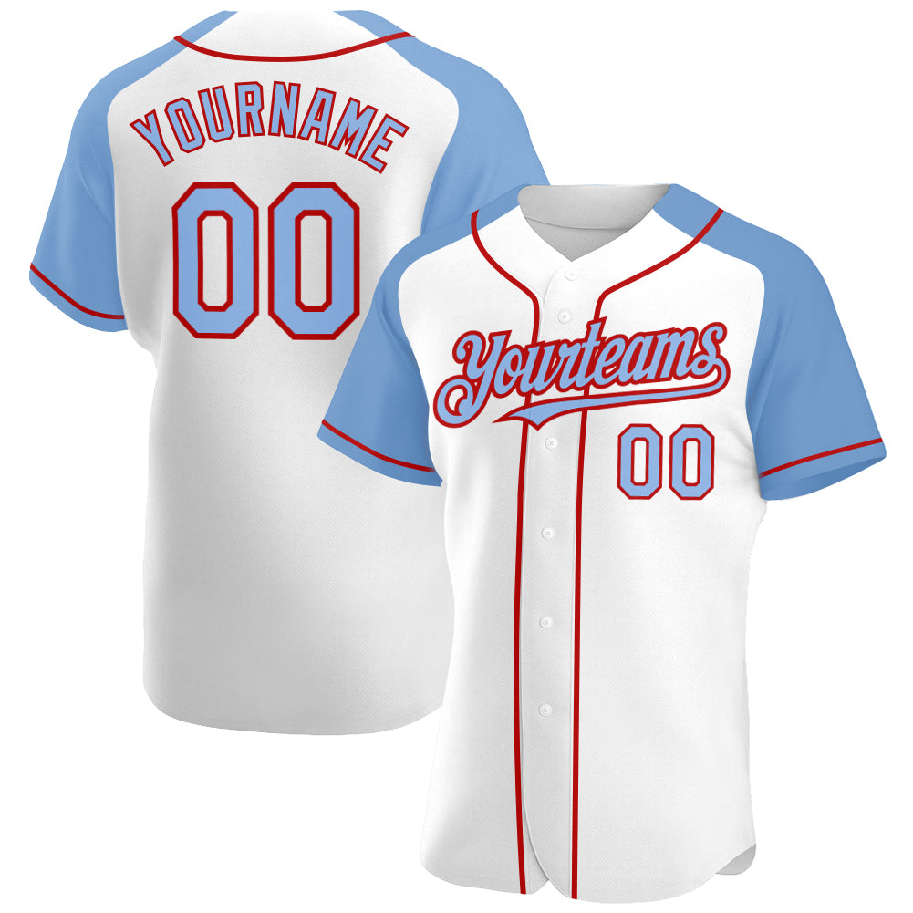 Custom White Light Blue-Red Authentic Raglan Sleeves Baseball Jersey - Main View