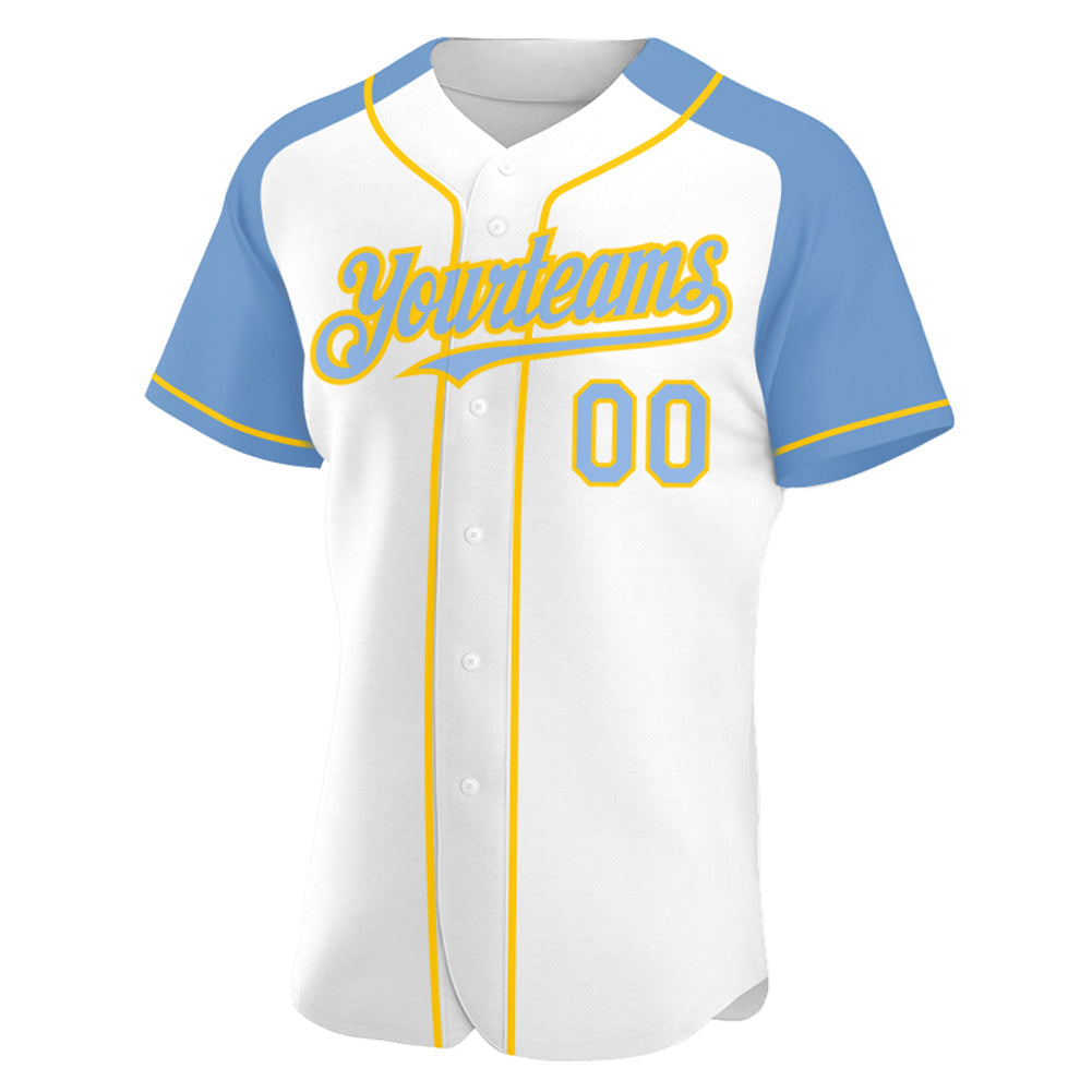 Custom White Light Blue-Yellow Authentic Raglan Sleeves Baseball Jersey view 2