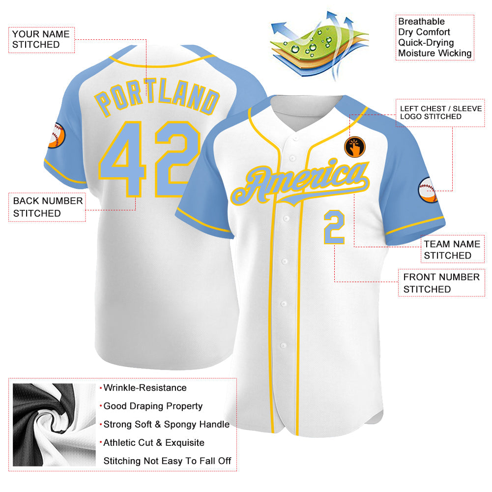 Custom White Light Blue-Yellow Authentic Raglan Sleeves Baseball Jersey view 3