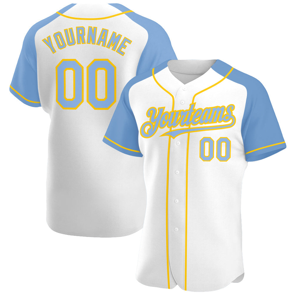 Custom White Light Blue-Yellow Authentic Raglan Sleeves Baseball Jersey - Main View
