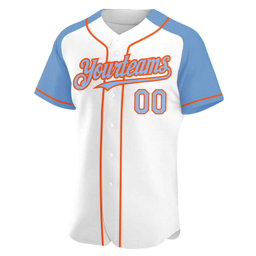 Custom White Light Blue-Orange Authentic Raglan Sleeves Baseball Jersey view 3
