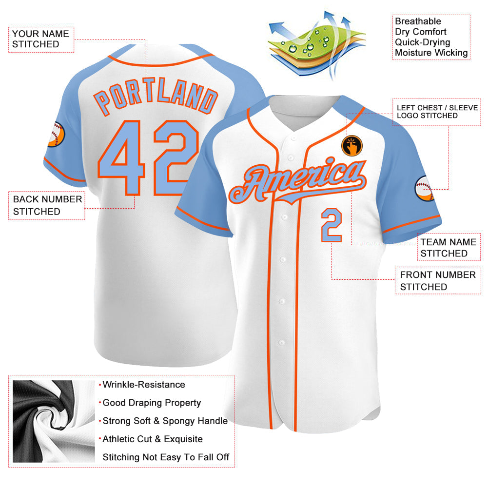 Custom White Light Blue-Orange Authentic Raglan Sleeves Baseball Jersey view 4