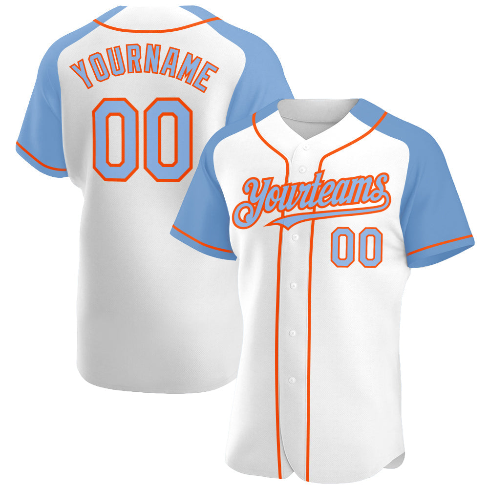Custom White Light Blue-Orange Authentic Raglan Sleeves Baseball Jersey - Main View