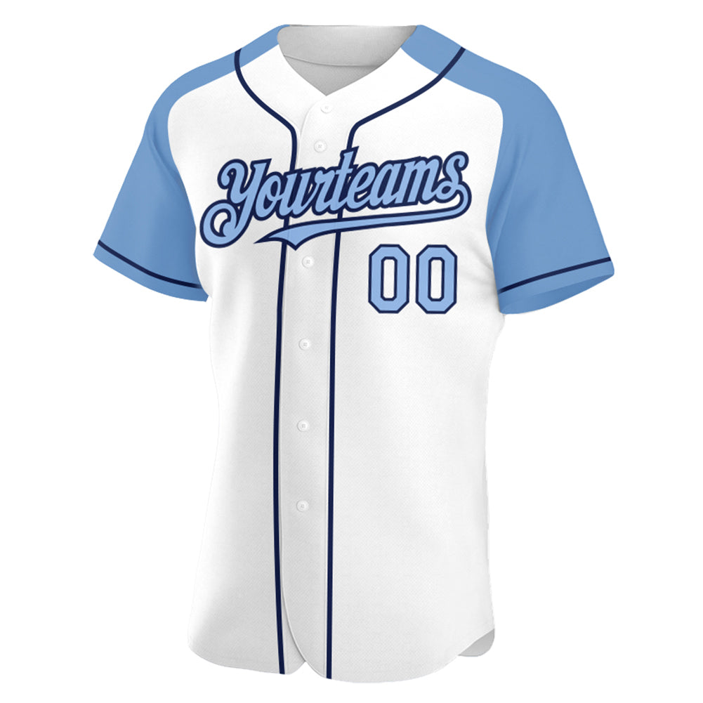 Custom White Light Blue-Navy Authentic Raglan Sleeves Baseball Jersey view 2
