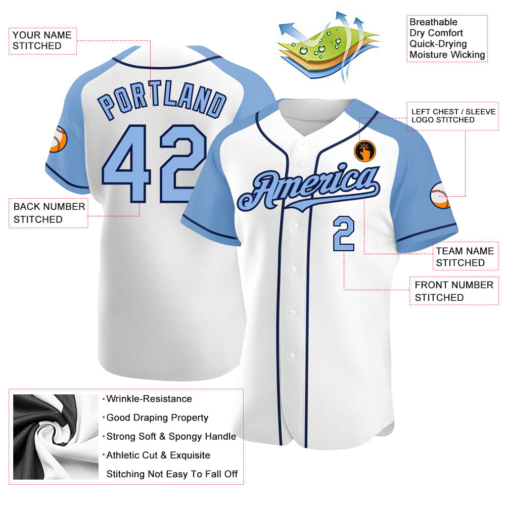 Custom White Light Blue-Navy Authentic Raglan Sleeves Baseball Jersey view 3