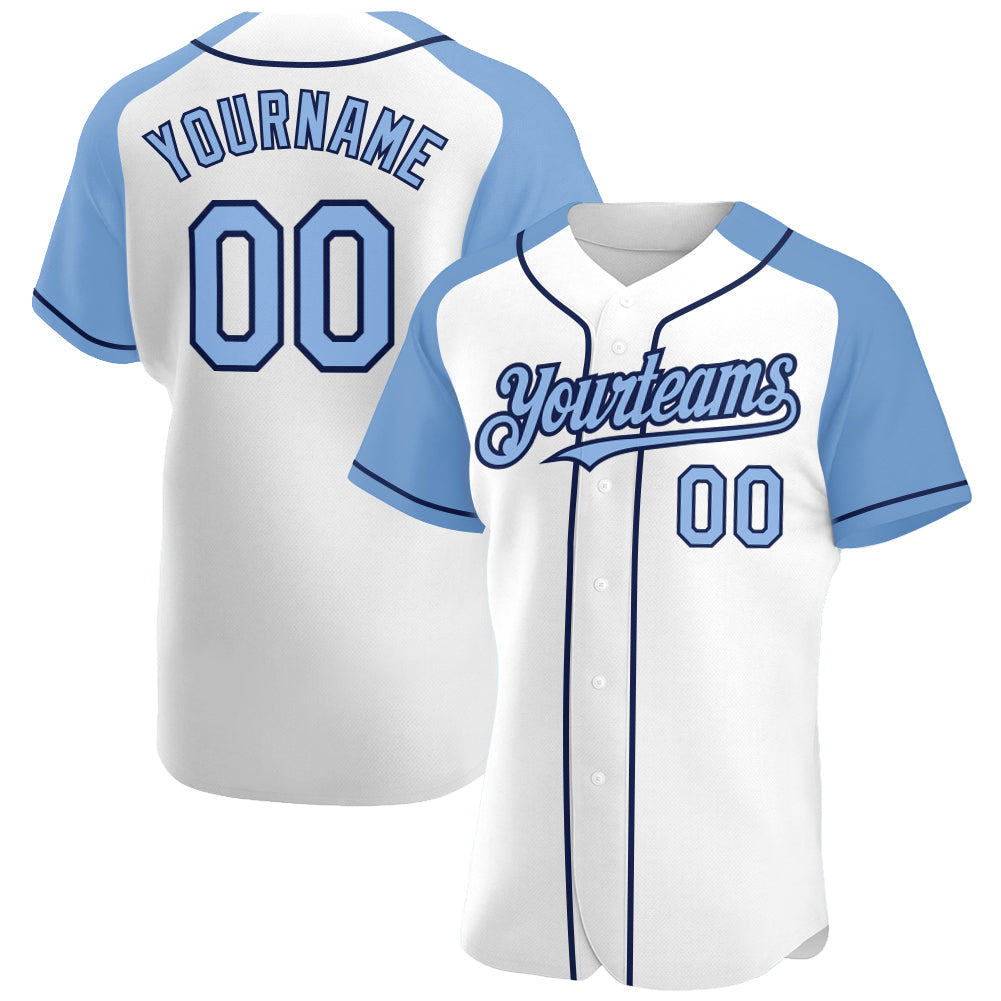 Custom White Light Blue-Navy Authentic Raglan Sleeves Baseball Jersey - Main View