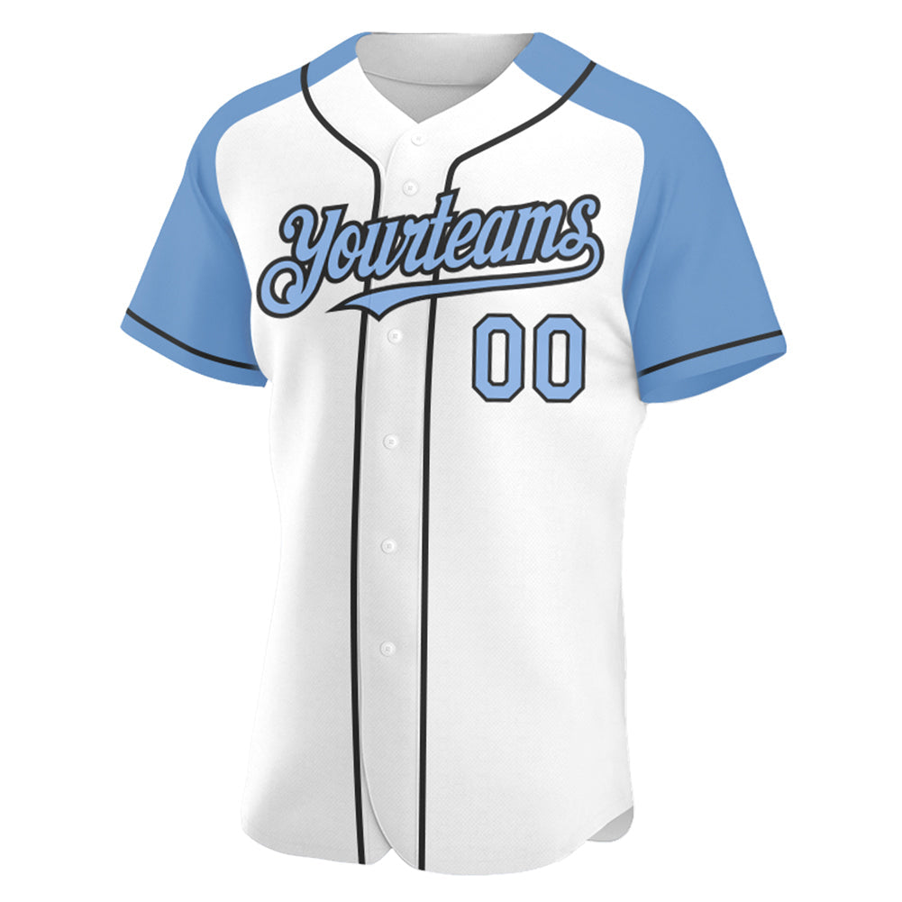 Custom White Light Blue-Black Authentic Raglan Sleeves Baseball Jersey view 2
