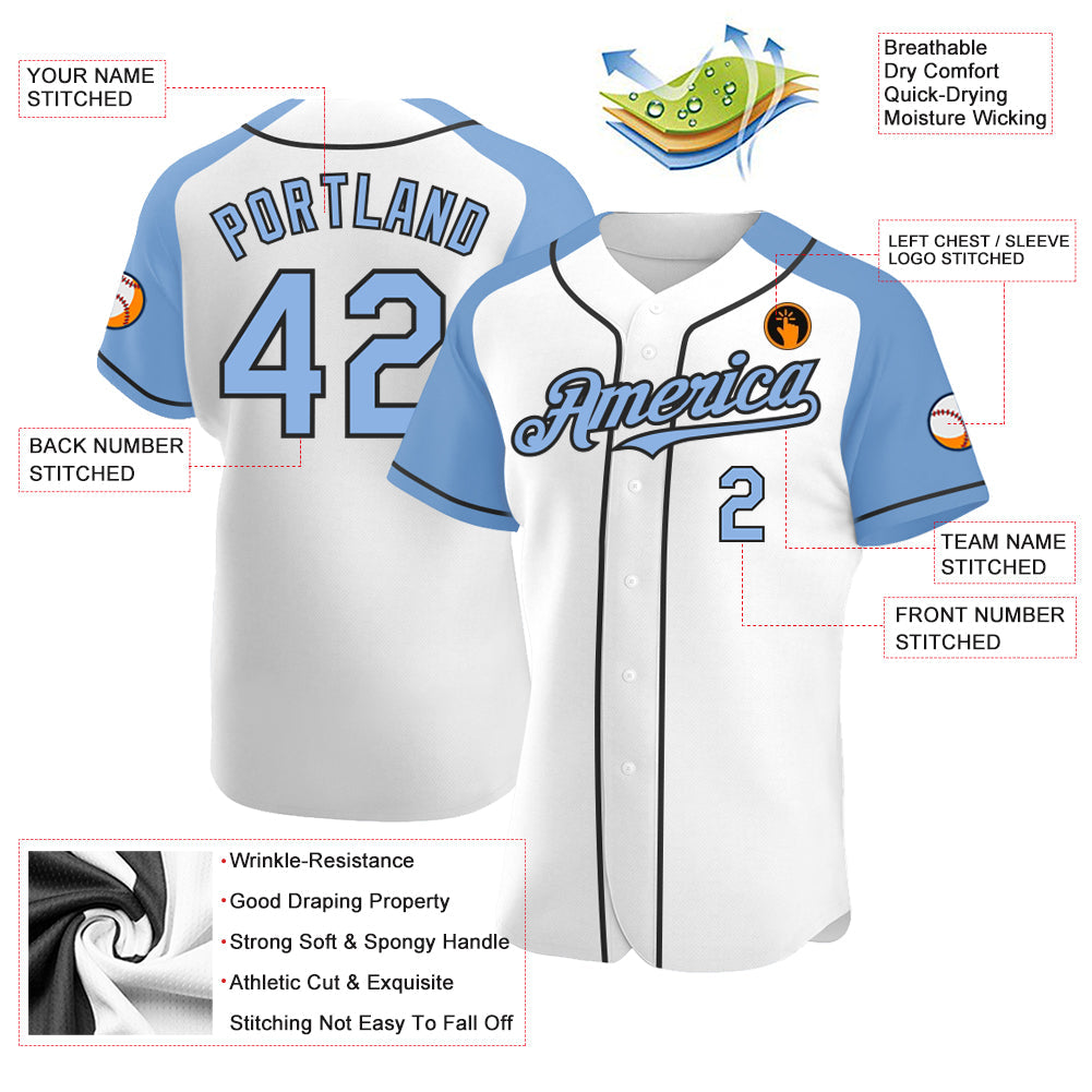 Custom White Light Blue-Black Authentic Raglan Sleeves Baseball Jersey view 3