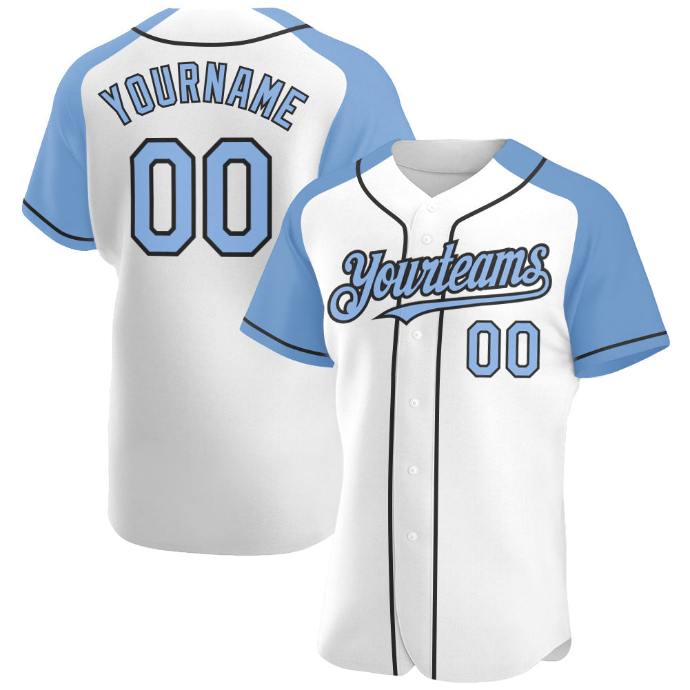 Custom White Light Blue-Black Authentic Raglan Sleeves Baseball Jersey - Main View