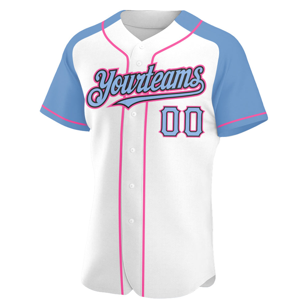 Custom White Light Blue Black-Pink Authentic Raglan Sleeves Baseball Jersey view 2