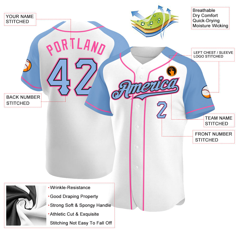 Custom White Light Blue Black-Pink Authentic Raglan Sleeves Baseball Jersey view 3