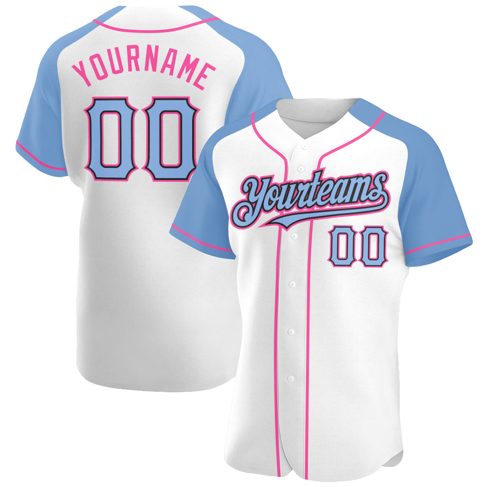 Custom White Light Blue Black-Pink Authentic Raglan Sleeves Baseball Jersey - Main View