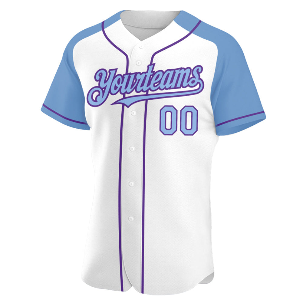 Custom White Light Blue-Purple Authentic Raglan Sleeves Baseball Jersey view 2