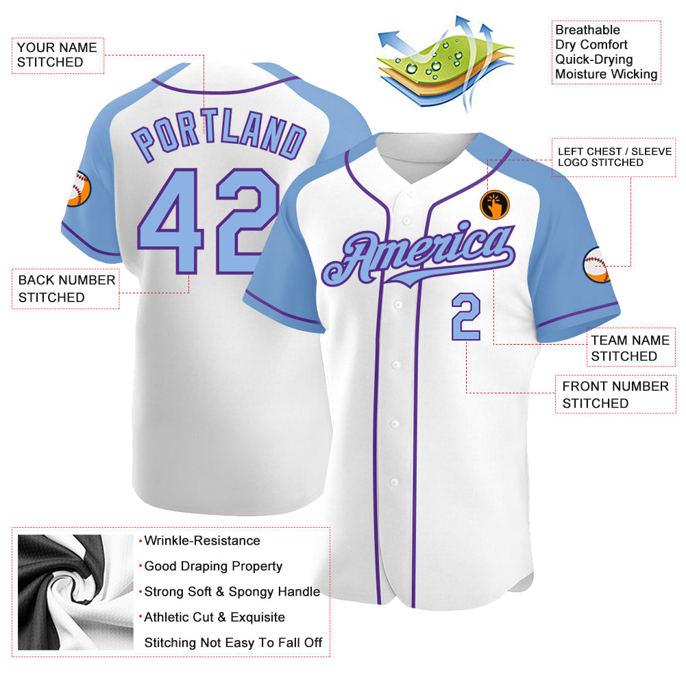 Custom White Light Blue-Purple Authentic Raglan Sleeves Baseball Jersey view 3