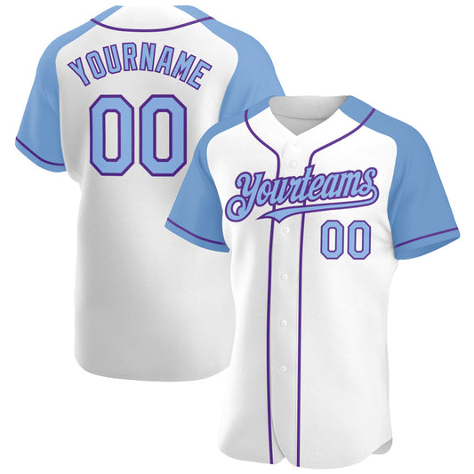 Custom White Light Blue-Purple Authentic Raglan Sleeves Baseball Jersey - Main View