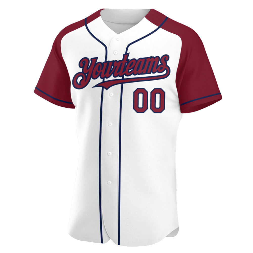 Custom White Crimson-Navy Authentic Raglan Sleeves Baseball Jersey view 2