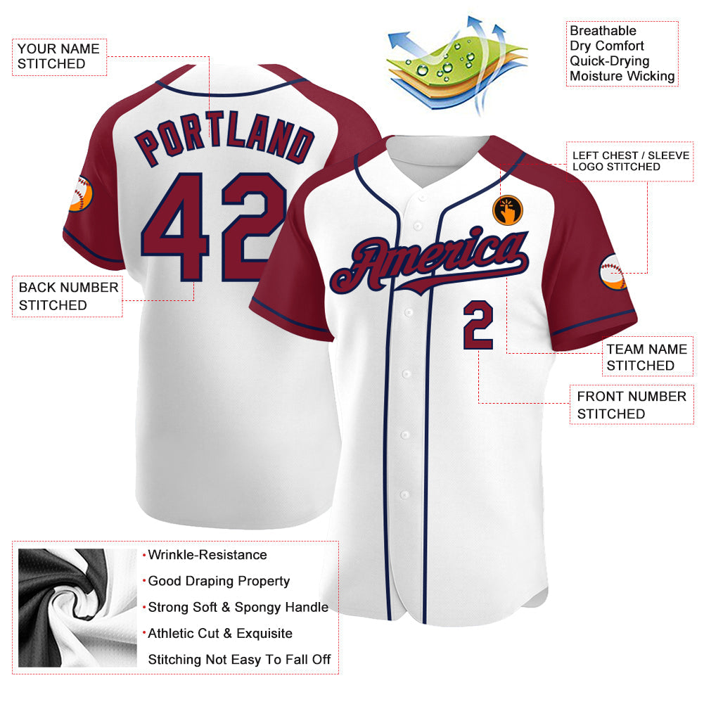Custom White Crimson-Navy Authentic Raglan Sleeves Baseball Jersey view 3