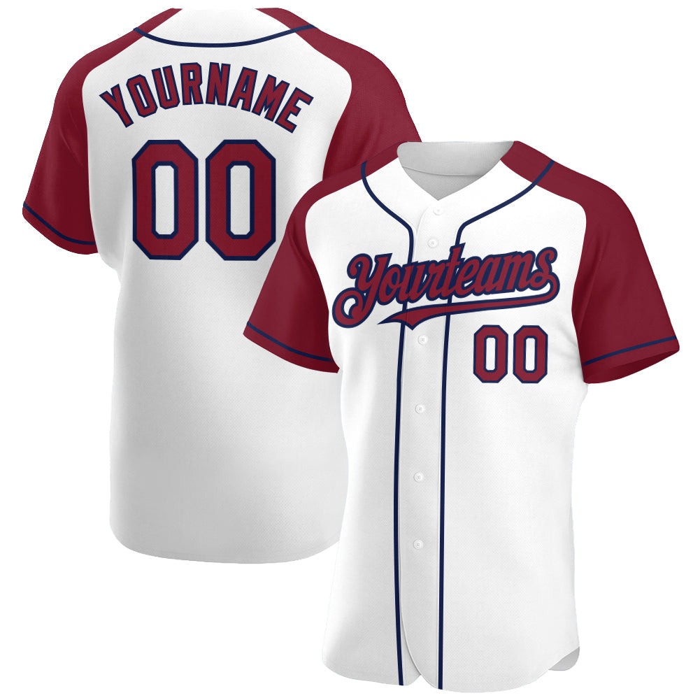 Custom White Crimson-Navy Authentic Raglan Sleeves Baseball Jersey - Main View