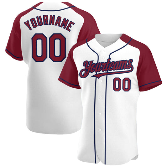 Custom White Crimson-Navy Authentic Raglan Sleeves Baseball Jersey - Main View