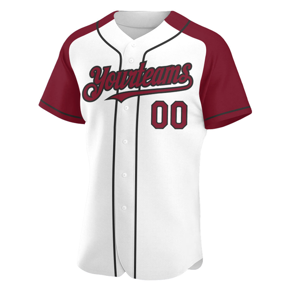 Custom White Crimson-Black Authentic Raglan Sleeves Baseball Jersey view 2