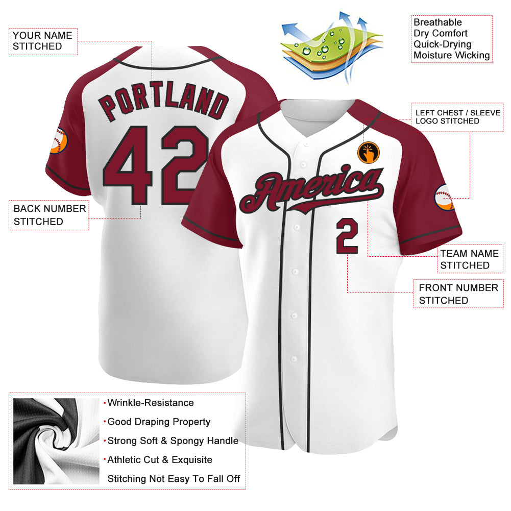 Custom White Crimson-Black Authentic Raglan Sleeves Baseball Jersey view 3