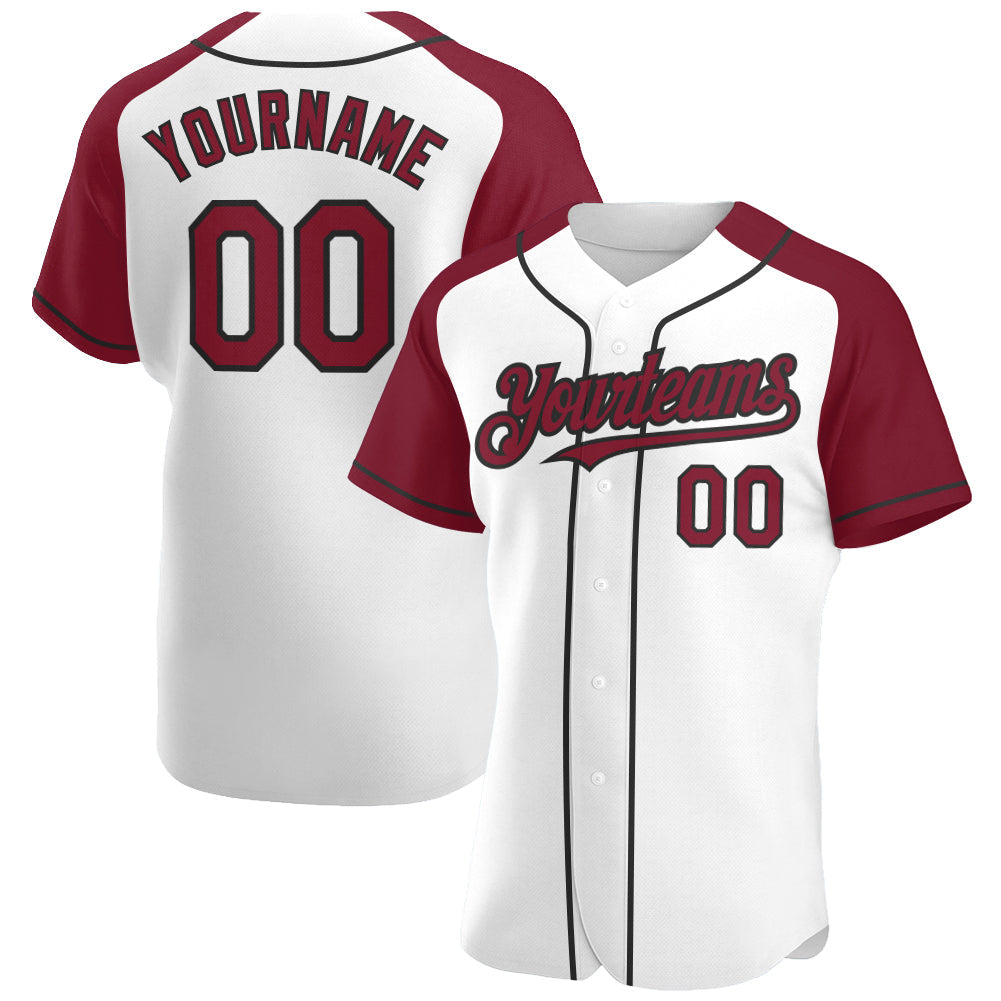Custom White Crimson-Black Authentic Raglan Sleeves Baseball Jersey - Main View