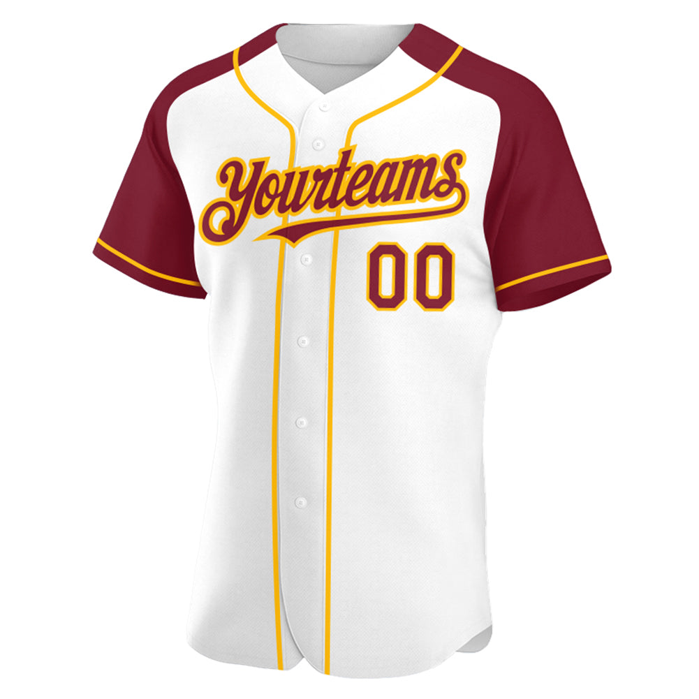 Custom White Crimson-Gold Authentic Raglan Sleeves Baseball Jersey view 2