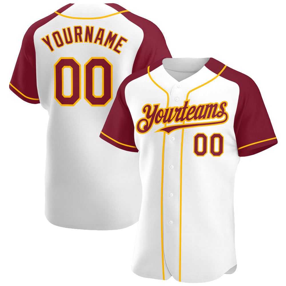 Custom White Crimson-Gold Authentic Raglan Sleeves Baseball Jersey - Main View