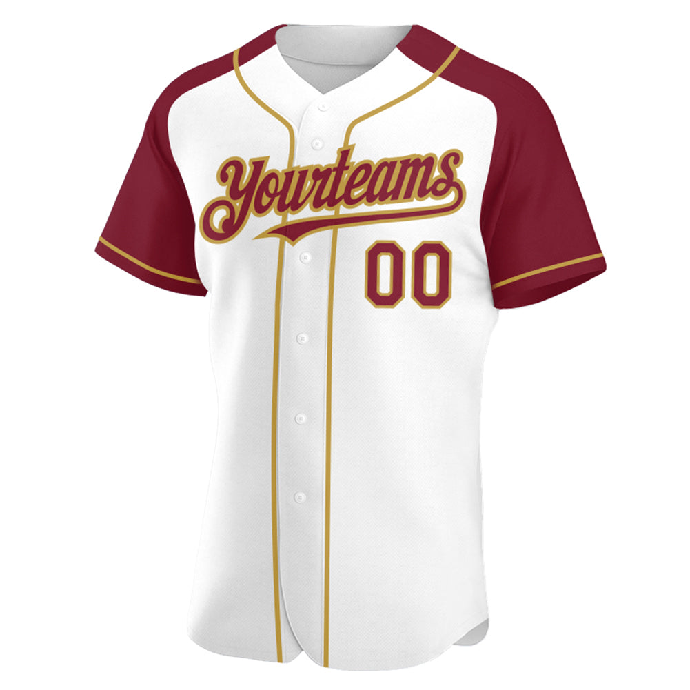 Custom White Crimson-Old Gold Authentic Raglan Sleeves Baseball Jersey view 2