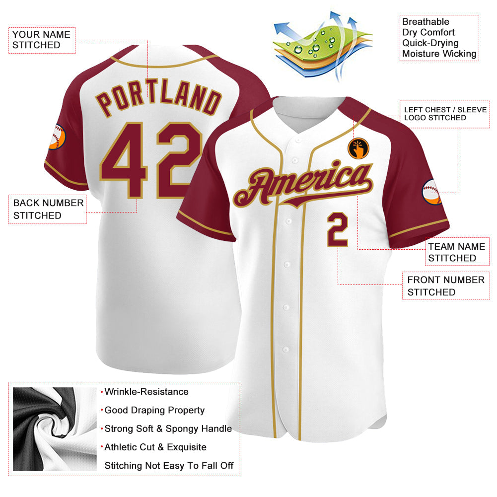 Custom White Crimson-Old Gold Authentic Raglan Sleeves Baseball Jersey view 3