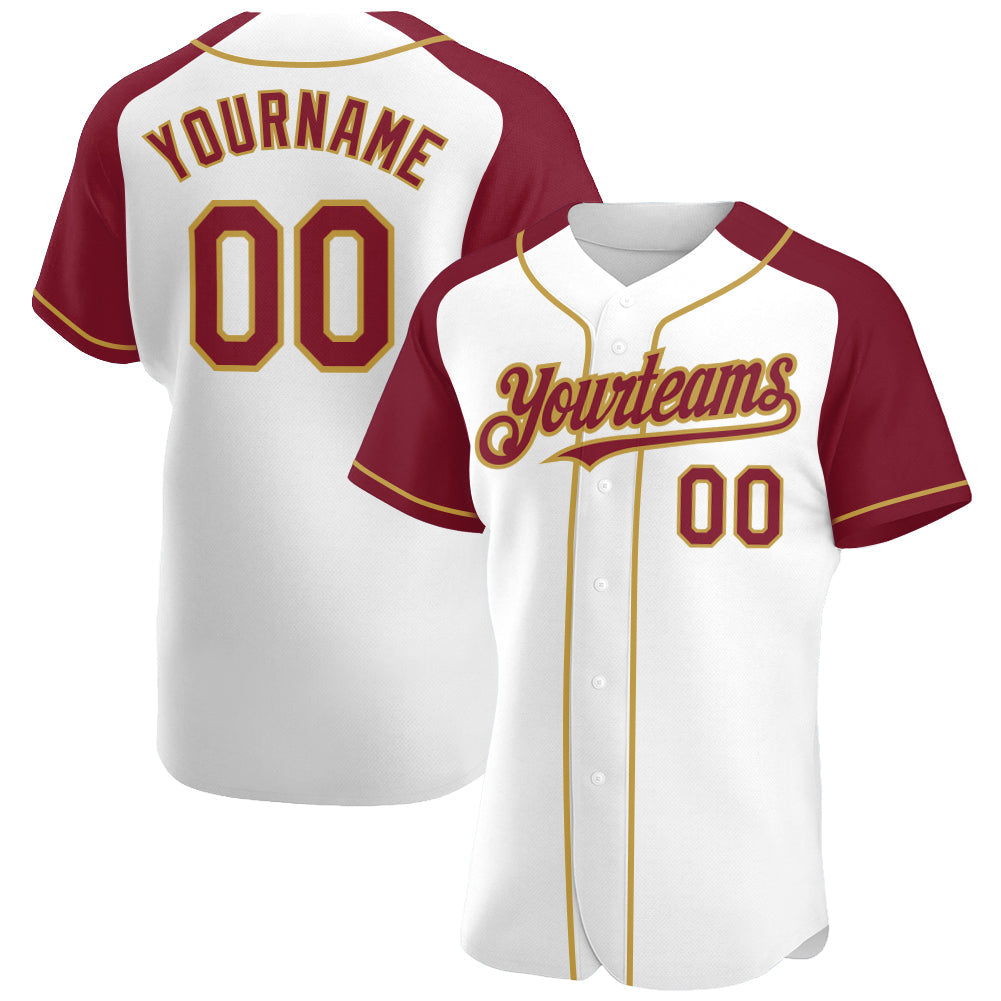 Custom White Crimson-Old Gold Authentic Raglan Sleeves Baseball Jersey - Main View