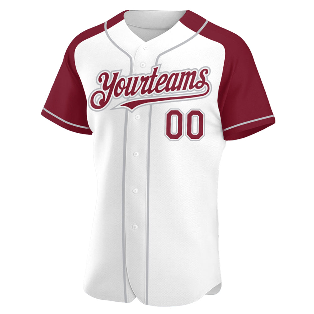 Custom White Crimson-Gray Authentic Raglan Sleeves Baseball Jersey view 2