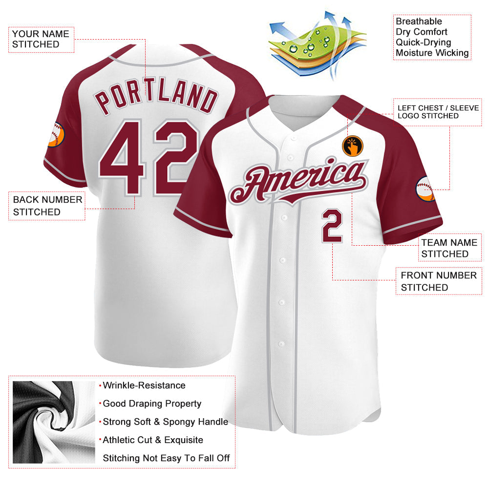 Custom White Crimson-Gray Authentic Raglan Sleeves Baseball Jersey view 3