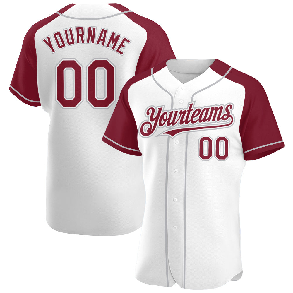 Custom White Crimson-Gray Authentic Raglan Sleeves Baseball Jersey - Main View