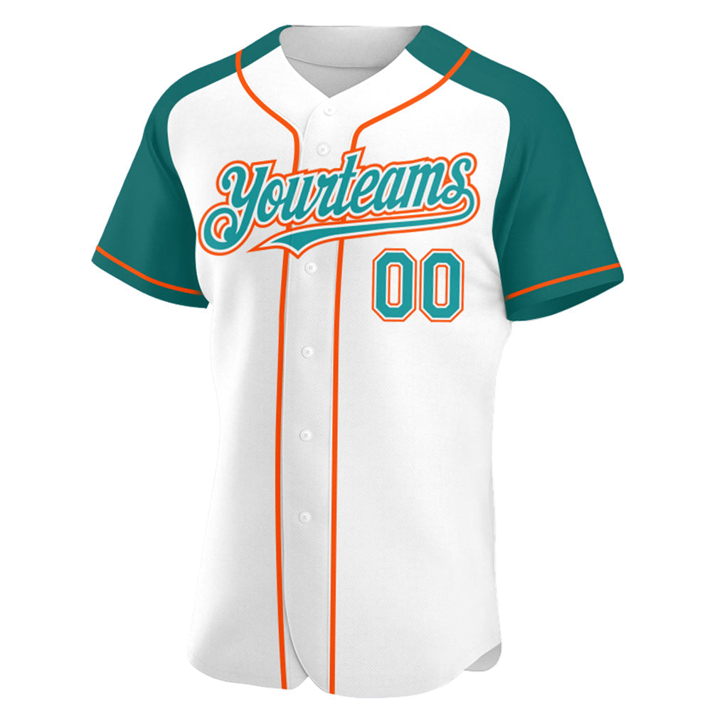 Custom White Teal-Orange Authentic Raglan Sleeves Baseball Jersey view 2