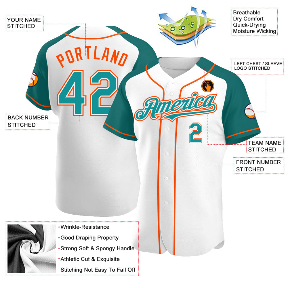 Custom White Teal-Orange Authentic Raglan Sleeves Baseball Jersey view 3