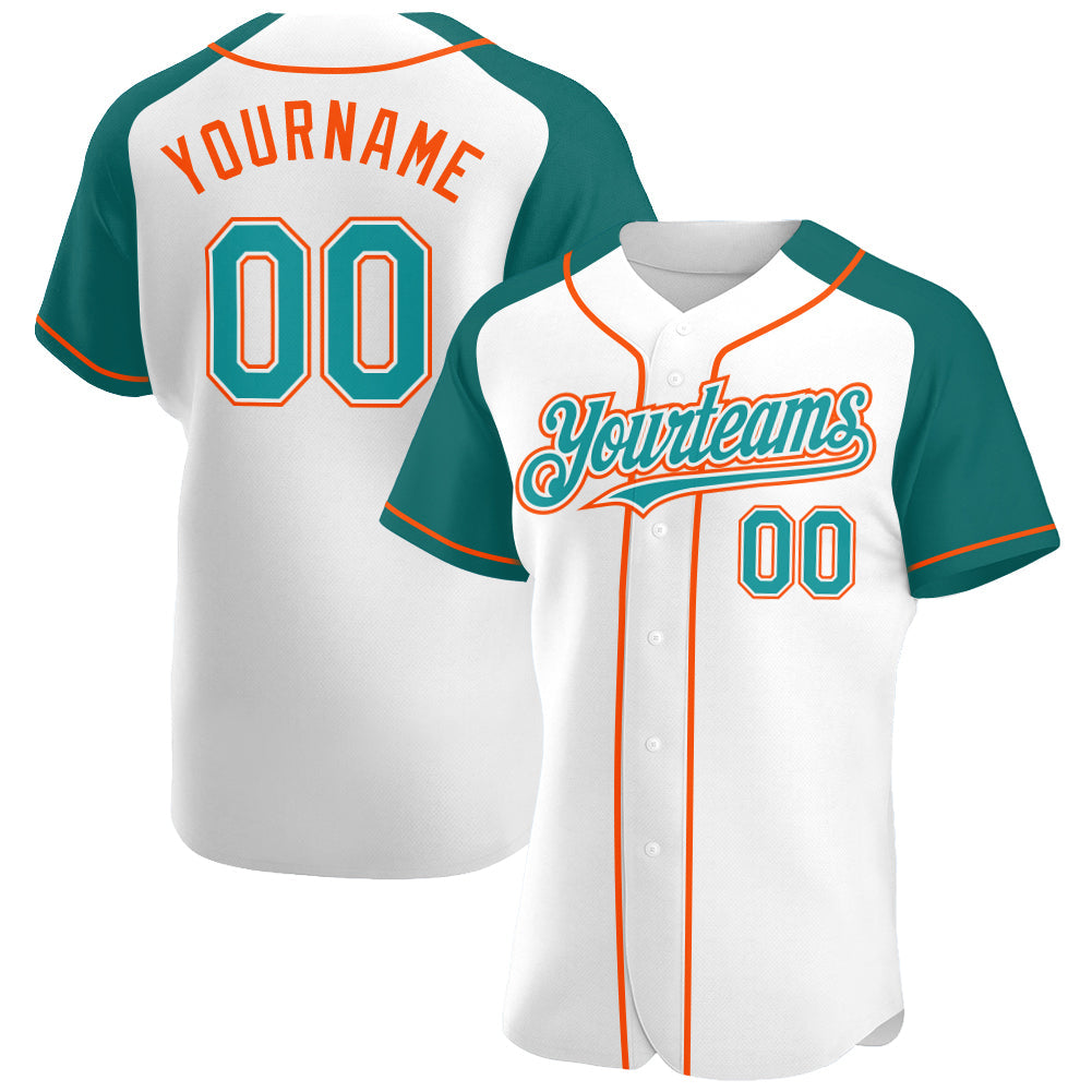 Custom White Teal-Orange Authentic Raglan Sleeves Baseball Jersey - Main View