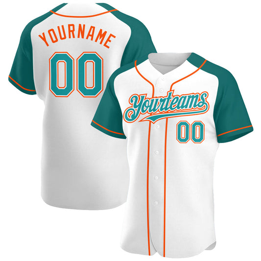 Custom White Teal-Orange Authentic Raglan Sleeves Baseball Jersey - Main View