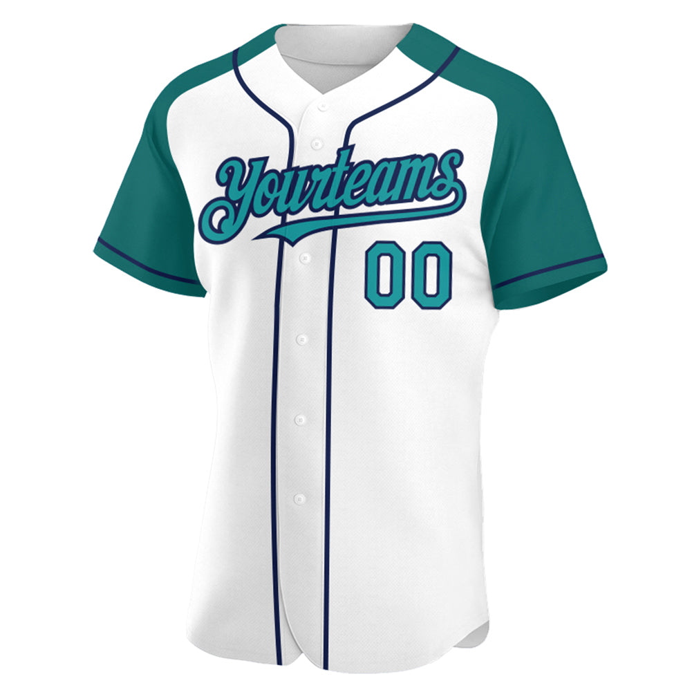 Custom White Teal-Navy Authentic Raglan Sleeves Baseball Jersey view 2