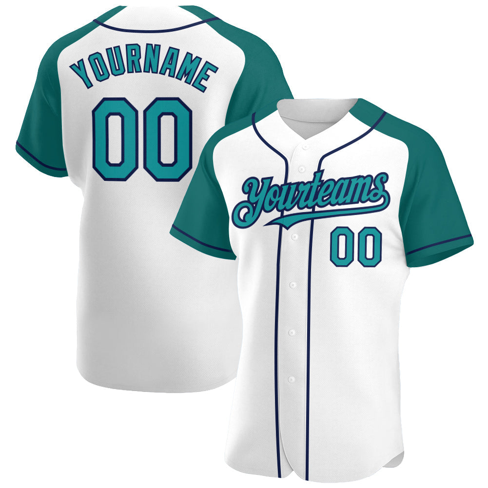 Custom White Teal-Navy Authentic Raglan Sleeves Baseball Jersey - Main View