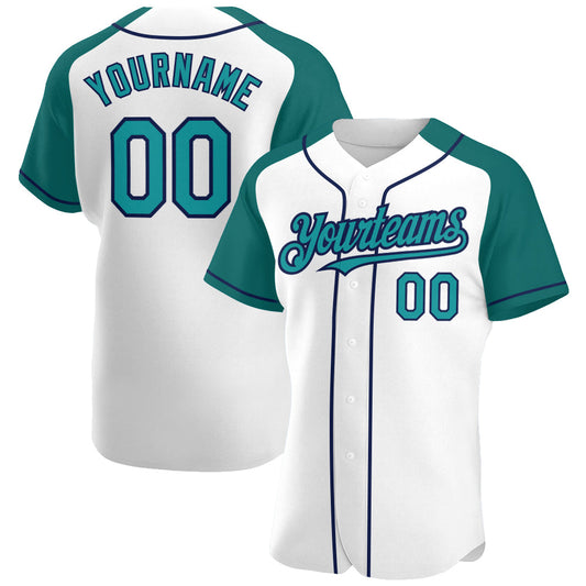 Custom White Teal-Navy Authentic Raglan Sleeves Baseball Jersey - Main View