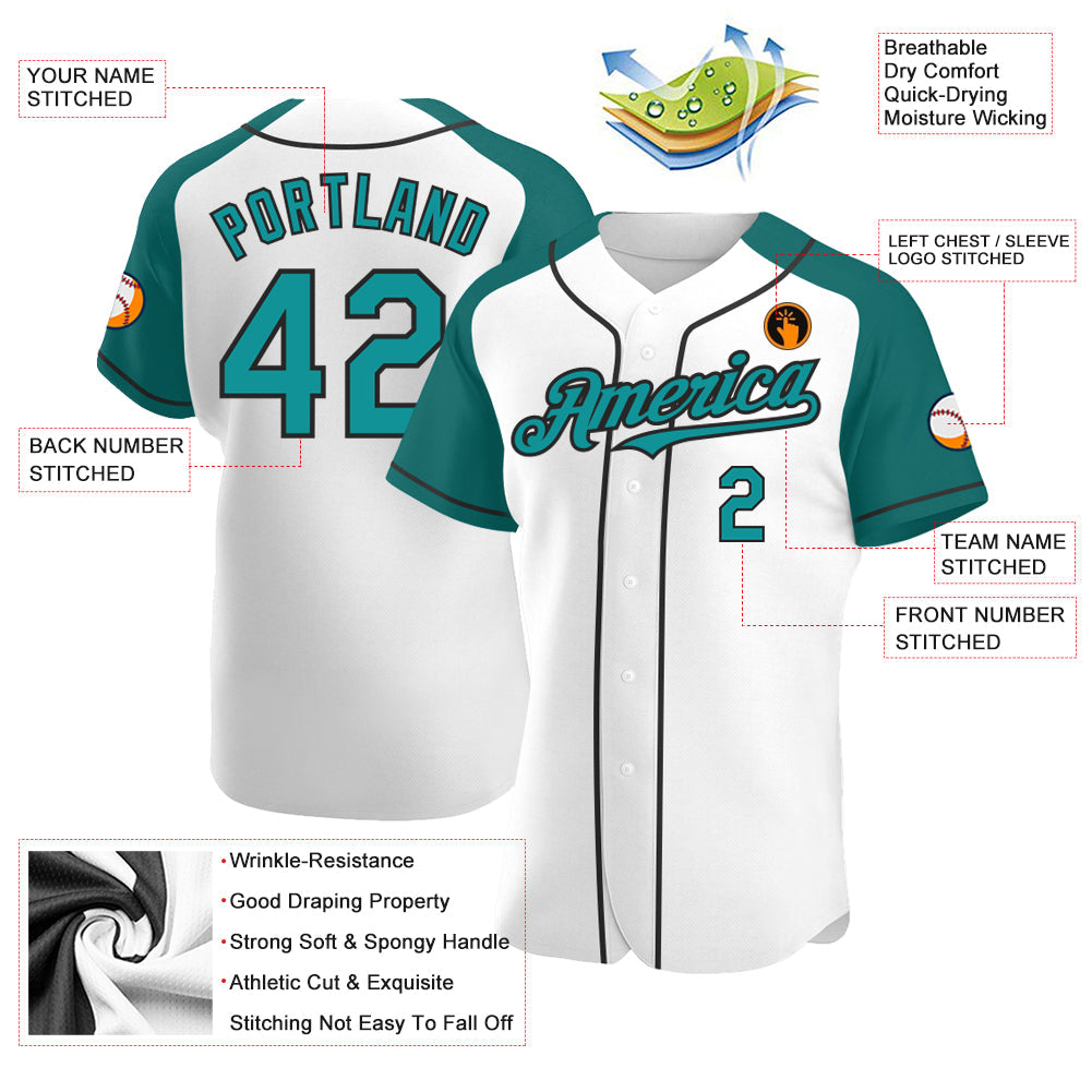 Custom White Teal-Black Authentic Raglan Sleeves Baseball Jersey view 3