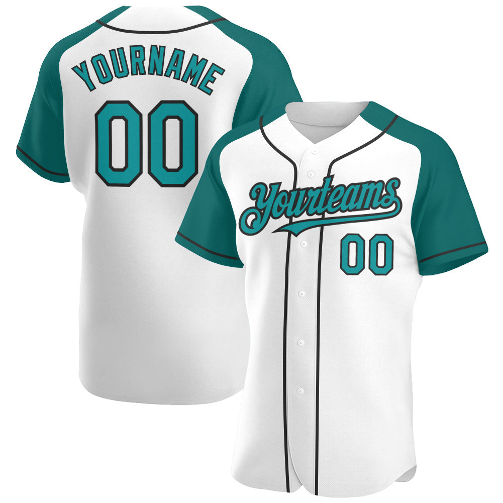 Custom White Teal-Black Authentic Raglan Sleeves Baseball Jersey - Main View