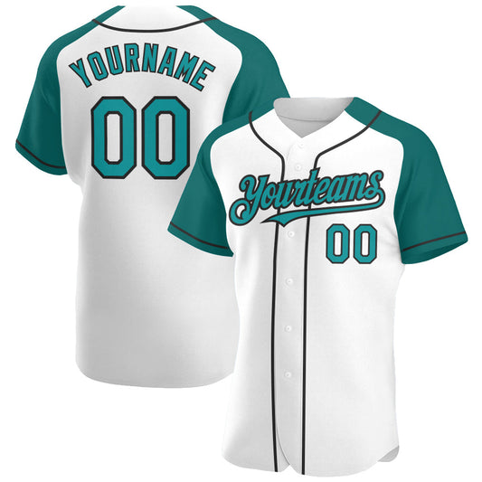 Custom White Teal-Black Authentic Raglan Sleeves Baseball Jersey - Main View