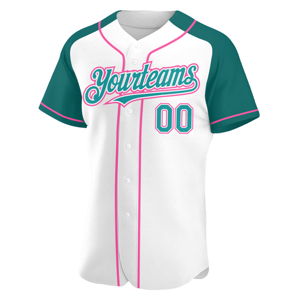 Custom White Teal-Pink Authentic Raglan Sleeves Baseball Jersey view 2