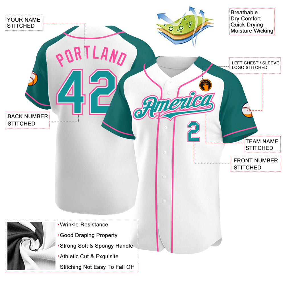 Custom White Teal-Pink Authentic Raglan Sleeves Baseball Jersey view 3
