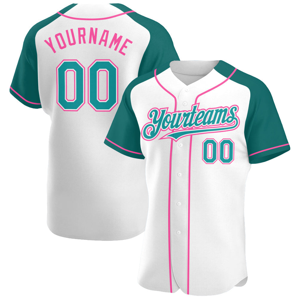 Custom White Teal-Pink Authentic Raglan Sleeves Baseball Jersey - Main View