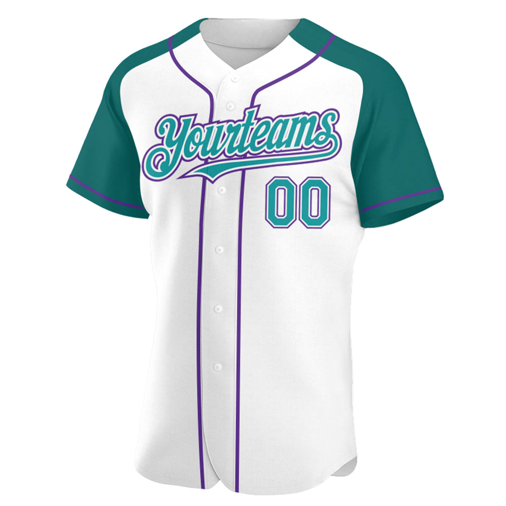 Custom White Teal-Purple Authentic Raglan Sleeves Baseball Jersey view 2