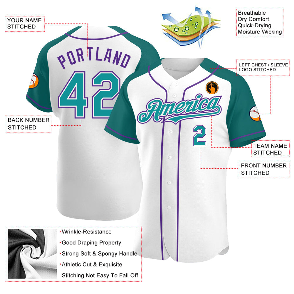 Custom White Teal-Purple Authentic Raglan Sleeves Baseball Jersey view 3
