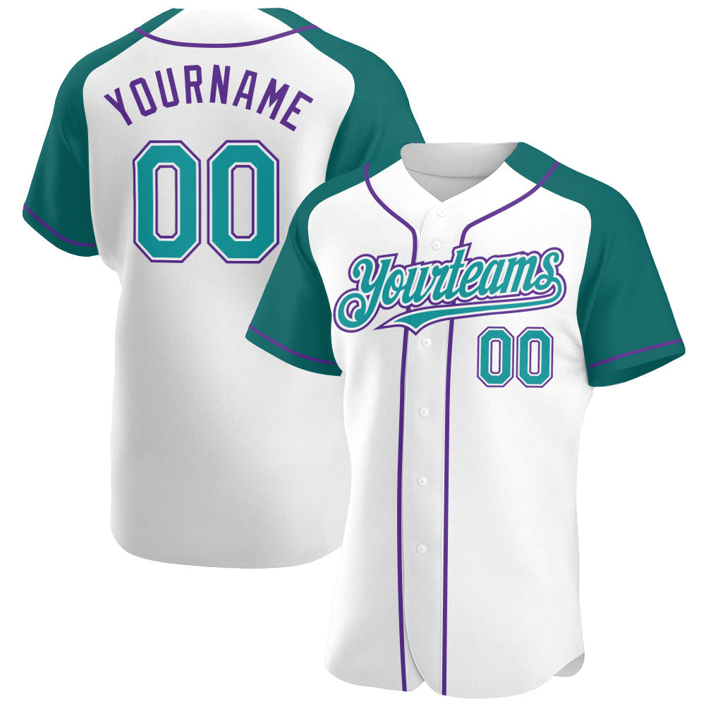 Custom White Teal-Purple Authentic Raglan Sleeves Baseball Jersey - Main View